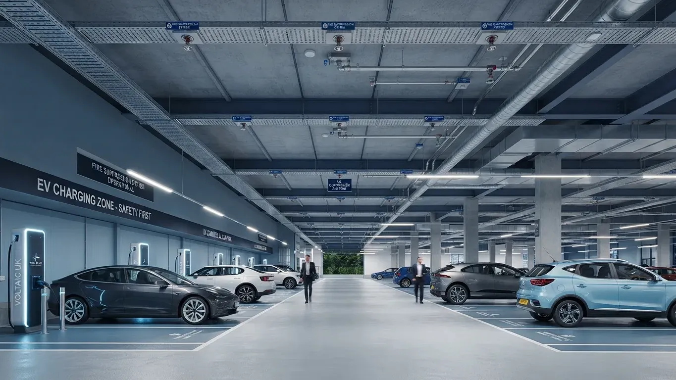 EV charging car park with electric vehicles, fire safety systems and water mist protection in a covered commercial parking facility