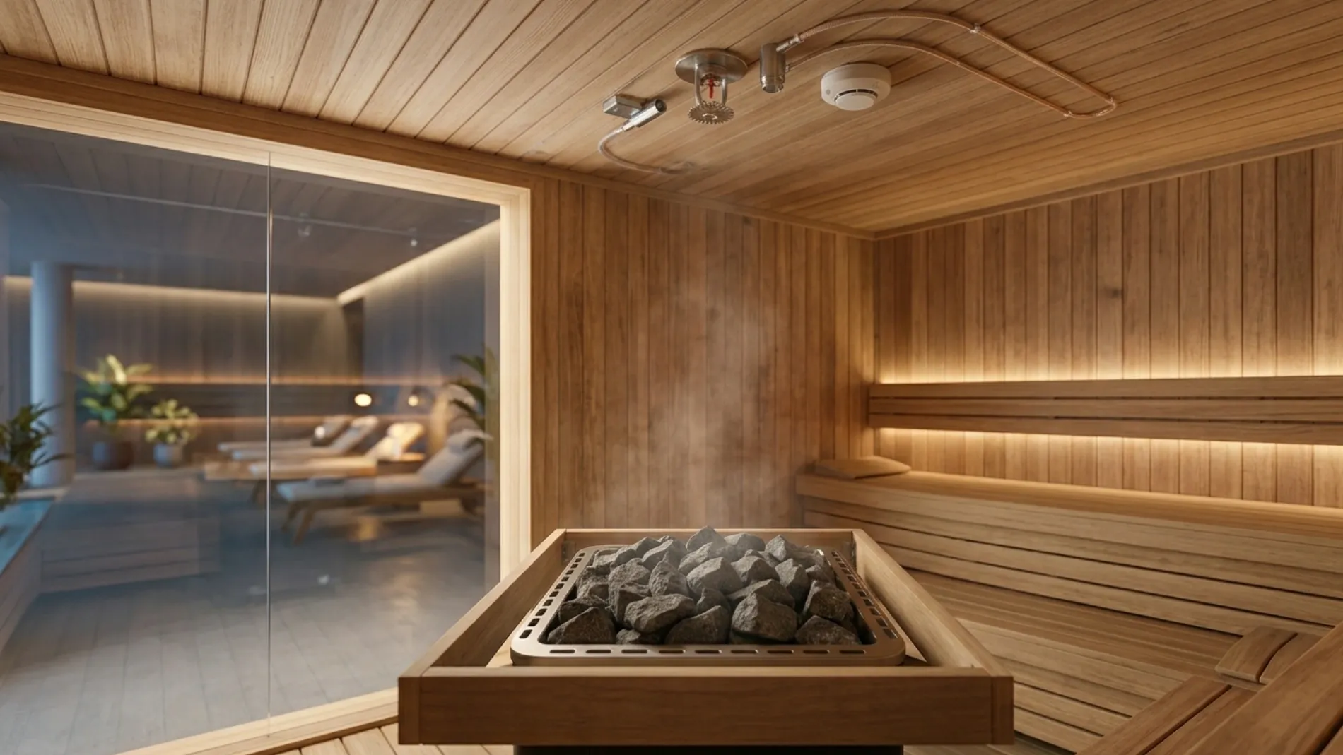 Commercial sauna fire suppression and heat detection system in a hotel spa facility