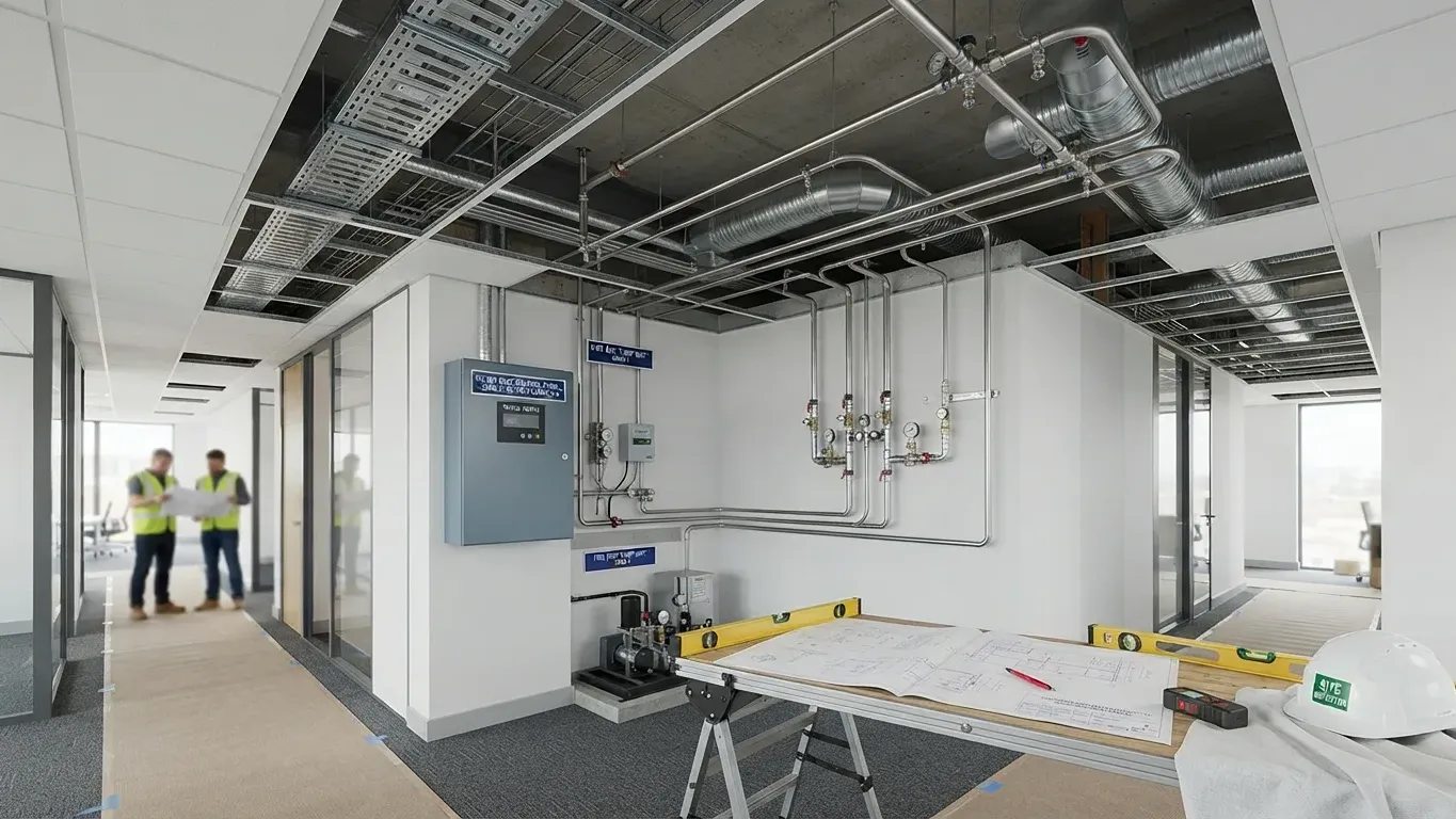 Retrofit water mist fire suppression system installation in an existing commercial building with exposed ceiling services and pipework