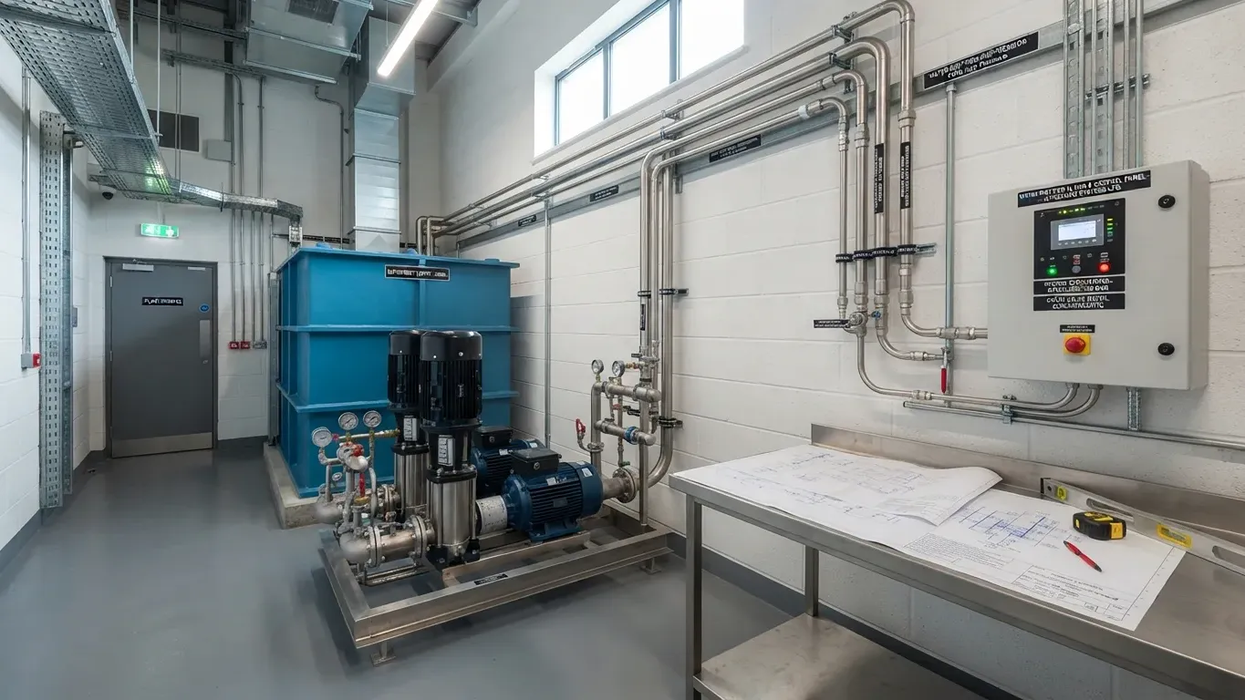 Water mist fire suppression system installation in a commercial plant room with pumps, pipework, tank and control panel