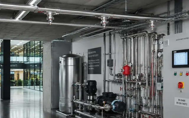 Water mist fire protection design documentation and standards for UK commercial projects