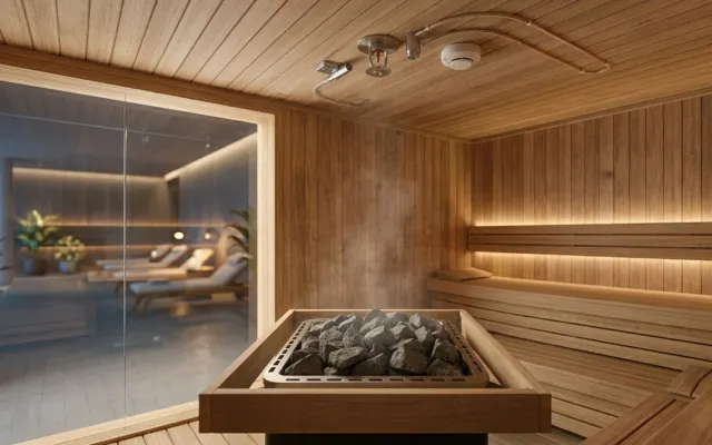 Commercial sauna fire suppression and heat detection system in a hotel spa facility