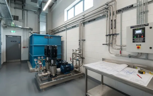Water mist fire suppression system installation in a commercial plant room with pumps, pipework, tank and control panel