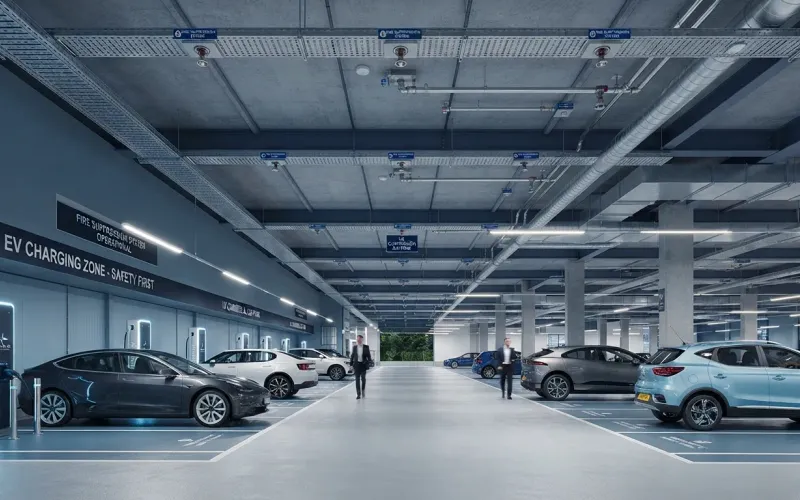 EV charging car park with electric vehicles, fire safety systems and water mist protection in a covered commercial parking facility