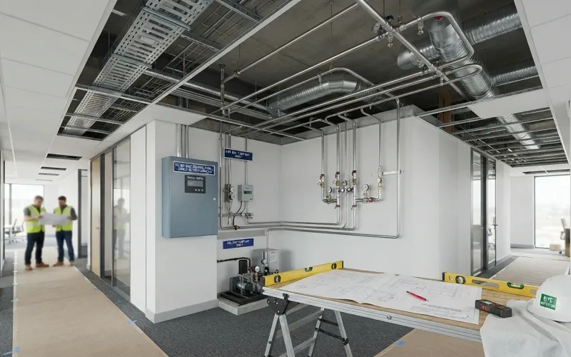 Retrofit water mist fire suppression system installation in an existing commercial building with exposed ceiling services and pipework